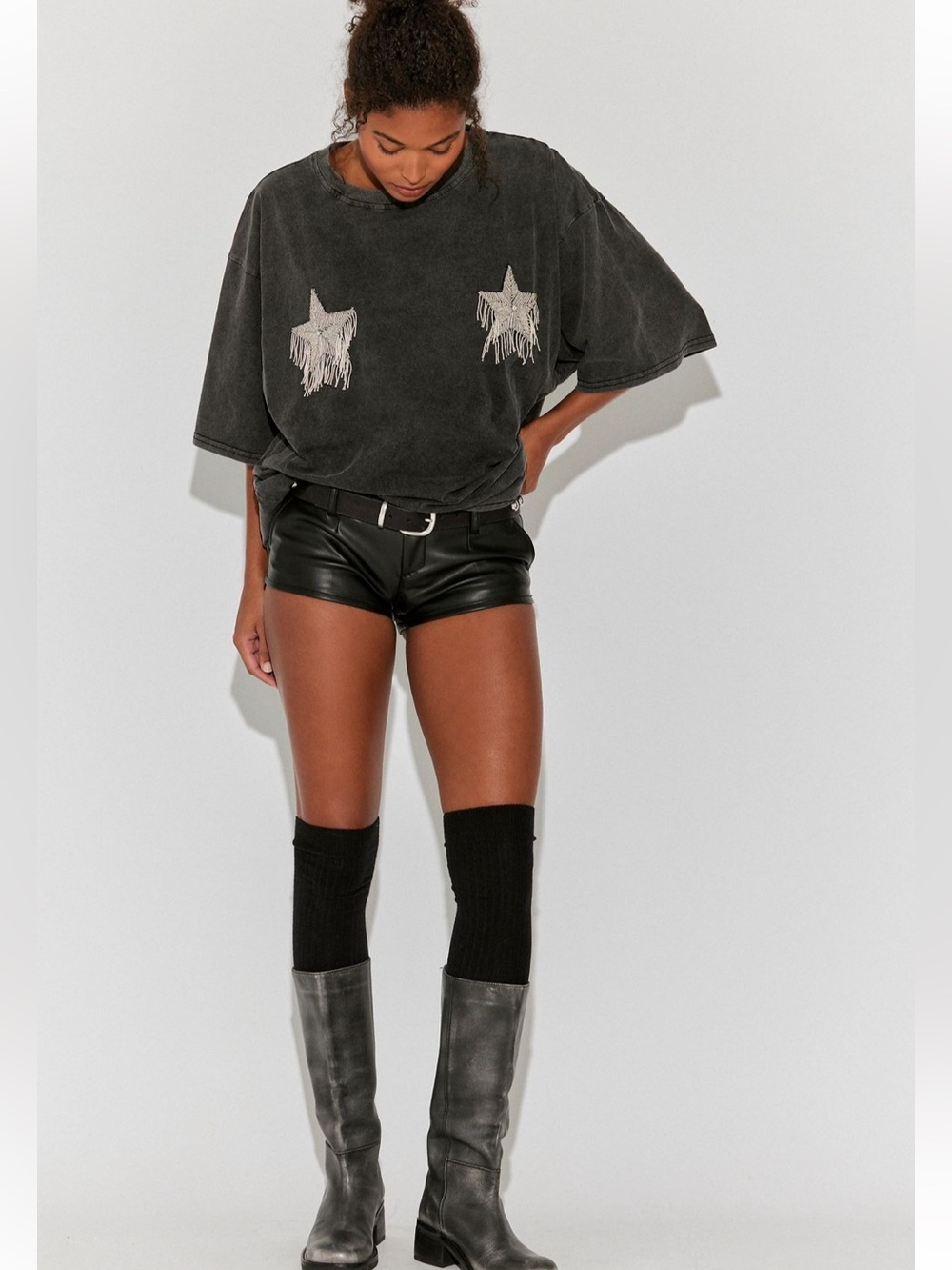 NWT Sabbi Oversized Fringe Star Titty Tee in Charcoal